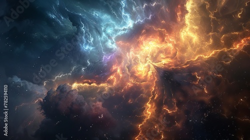A cosmic storm raging across the sky casting dramatic shadows and lighting effects AI generated illustration