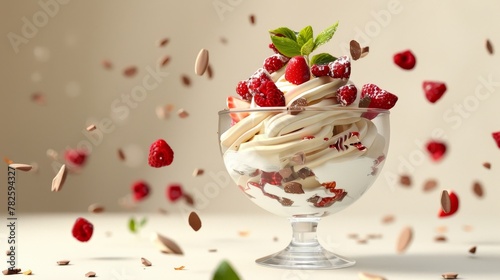 A decadent parfait in a glass dish d style isolated flying objects memphis style d render AI generated illustration