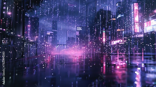 A digital rain falls from the sky casting a shimmering glow over the city streets AI generated illustration