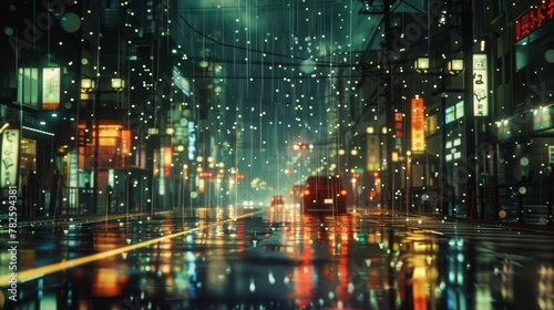A digital rain falls from the sky casting a shimmering glow over the city streets   AI generated illustration