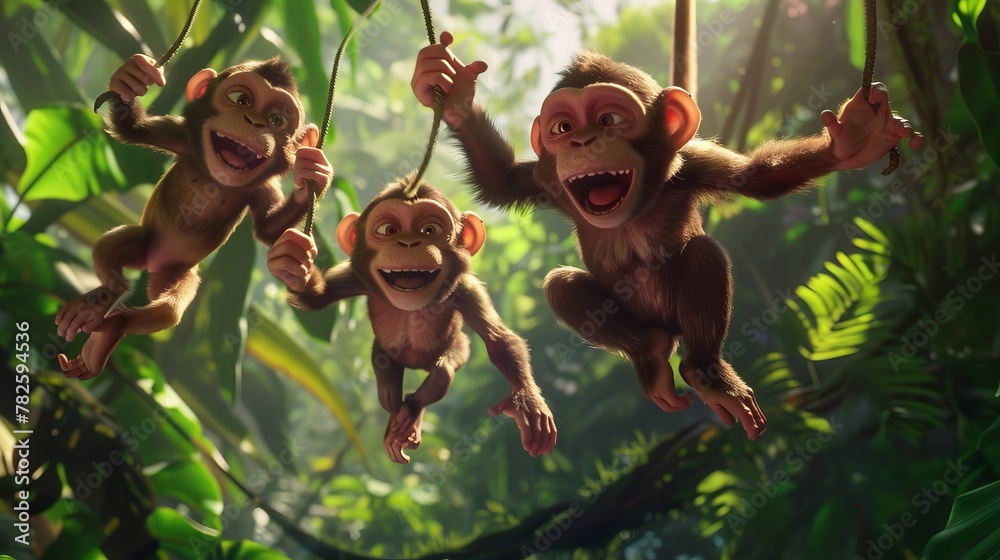 Fototapeta premium A family of playful monkeys swinging through the trees in stunning D animation AI generated illustration