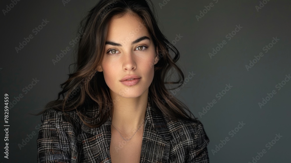 A fashionable studio portrait of a brunette woman in a blazer shot with a Nikon D camera AI generated illustration A fashionable studio portrait of a brunette woman in a blazer shot with a Nikon D camera AI generated illustration
