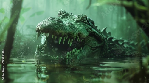A fearsome crocodile emerging from the murky depths of a swamp its jaws gaping wide AI generated illustration