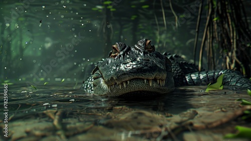 A fearsome crocodile lurking beneath the surface of a murky swamp rendered in stunning K resolution   AI generated illustration © ArtStage