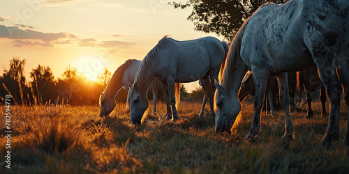 group of white horses grazing at sunset photo