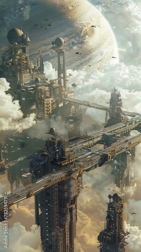 A futuristic city suspended in the sky of a gas giant connected by towering bridges and walkways AI generated illustration