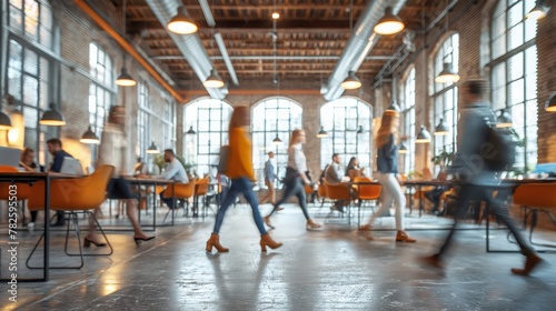 Bright business workplace with people in walking in blurred motion in modern office space. People concept. Business concept. Busy concept. Motion concept. photo