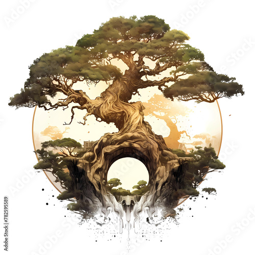 Fantasy illustration of a tree with a circular gateway and mirrored image photo