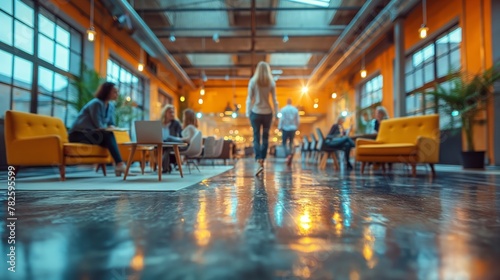Bright business workplace with people in walking in blurred motion in modern office space. People concept. Business concept. Busy concept. Motion concept. photo