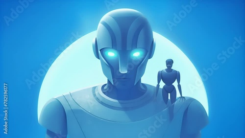 A metallic robot figure being slowly enveloped by a holographic projection of a human face highlighting the idea of AGIs assimilating humanlike photo