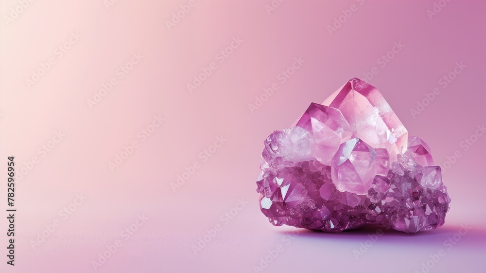 Large, translucent pink crystal cluster on soft purple background with ample space for text Large, translucent pink crystal cluster on soft purple background with ample space for text