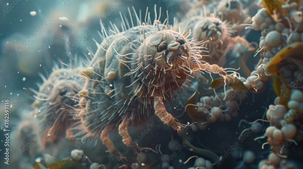 The final image in the series reveals a new generation of tardigrades with several eggs attached to the hairs on their legs. Despite The final image in the series reveals a new generation of tardigrades with several eggs attached to the hairs on their legs. Despite