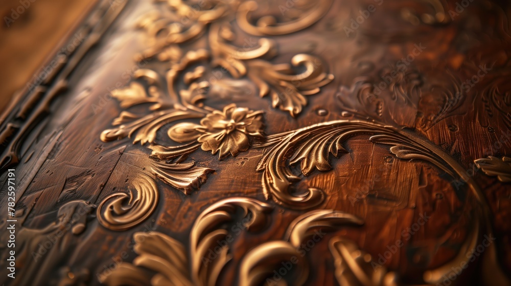 Close-up of detailed, ornate, floral-patterned wooden carving with rich brown color and glossy finish Close-up of detailed, ornate, floral-patterned wooden carving with rich brown color and glossy finish