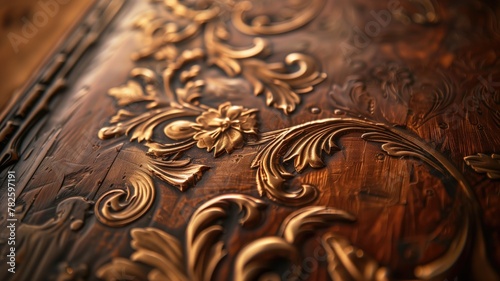 Close-up of detailed, ornate, floral-patterned wooden carving with rich brown color and glossy finish