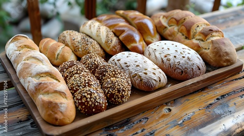 Various healthy bread on a wooden tray