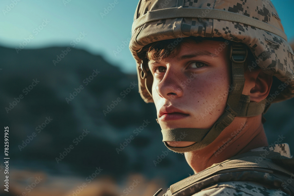 Serious young male soldier in uniform and helmet looking away from camera in military portrait photo Serious young male soldier in uniform and helmet looking away from camera in military portrait photo