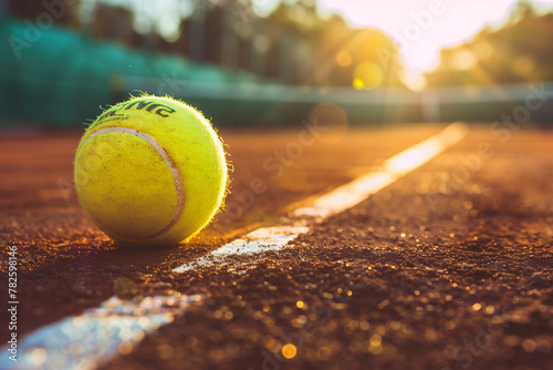 Close-up of Tennis Ball on Clay Court at Sunset with Copy Space