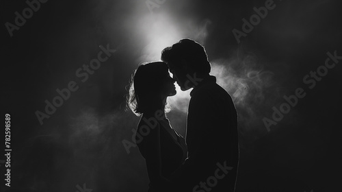 A couple is kissing in the dark with a silhouette of them