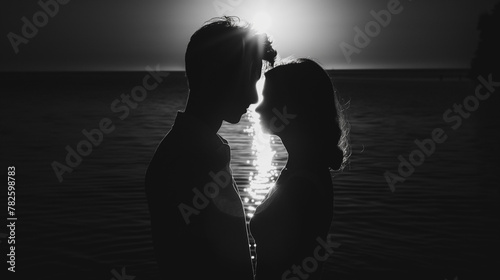 A couple is kissing in the ocean at sunset