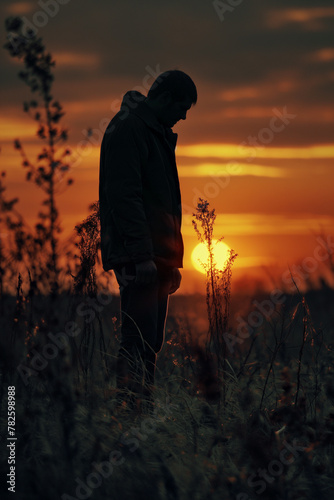 A man stands in a field at sunset, looking at the sun