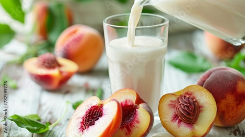 A glass of milk pouring over a sliced peach   AI generated illustration photo