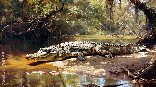 A graceful crocodile basking in the sun by a serene river a true masterpiece of art AI generated illustration