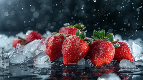 A group of strawberries surrounded by icy textures and water droplets AI generated illustration