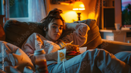 A Taste of Comfort: A Caucasian Woman Relishes a Delicious Burger While Watching a Documentary on Television, Indulging in the Convenience of Home-Delivered Fast Food