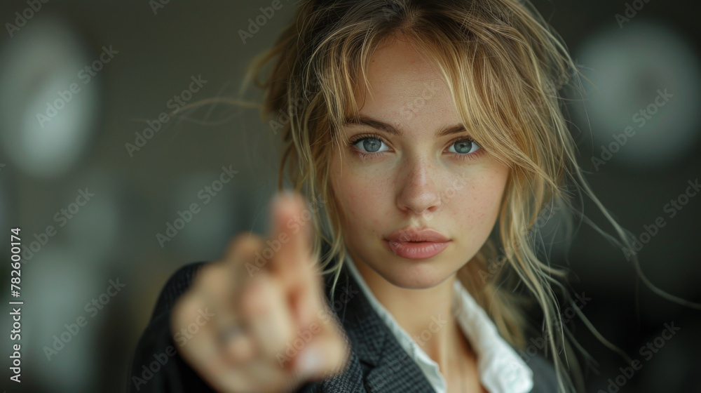 Successful confident smart caucasian young businesswoman freelancer boss CEO bank manager worker employee looking at camera pointing at copy space in formal clothes isolated in white. Successful confident smart caucasian young businesswoman freelancer boss CEO bank manager worker employee looking at camera pointing at copy space in formal clothes isolated in white.