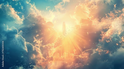 A majestic celestial being hovering in the sky its form bathed in a divine light AI generated illustration