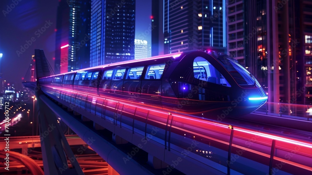 A monorail speeds through the city casting a beam of light as it passes by AI generated illustration A monorail speeds through the city casting a beam of light as it passes by AI generated illustration