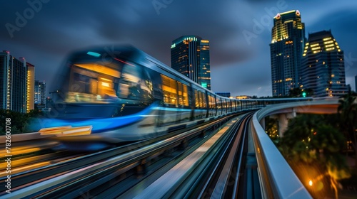 A monorail speeds through the city casting a beam of light as it passes by   AI generated illustration photo