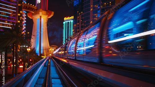 A monorail speeds through the city casting a beam of light as it passes by AI generated illustration