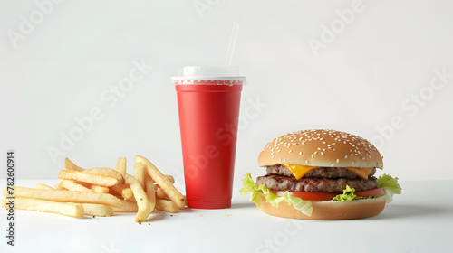 Vibrant Fast Food Meals Displayed on a White Background  A Tempting Feast of Burgers  Fries  and Beverages