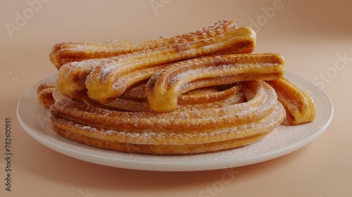 A plate of freshly made churros d style isolated flying objects memphis style d render AI generated illustration