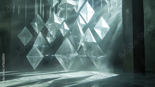 A pyramid of translucent curved octahedrons hanging motionless in the void   AI generated illustration photo