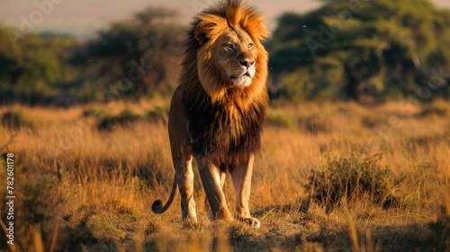 A regal lion standing proudly in the African savanna its mane flowing in the wind AI generated illustration