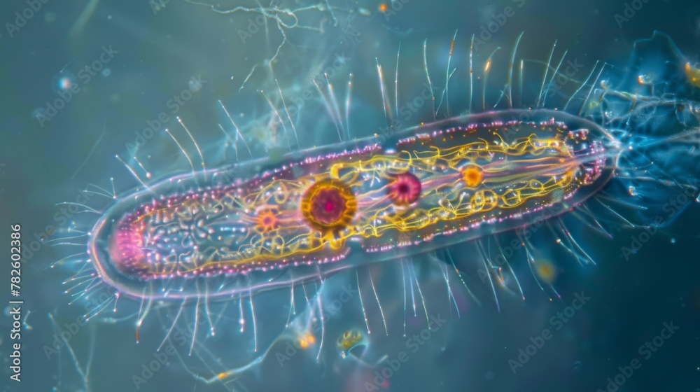 A magnified image of a ciliate cell dividing a process known as binary fission. This od of reproduction allows for rapid growth of - obrazy, fototapety, plakaty 