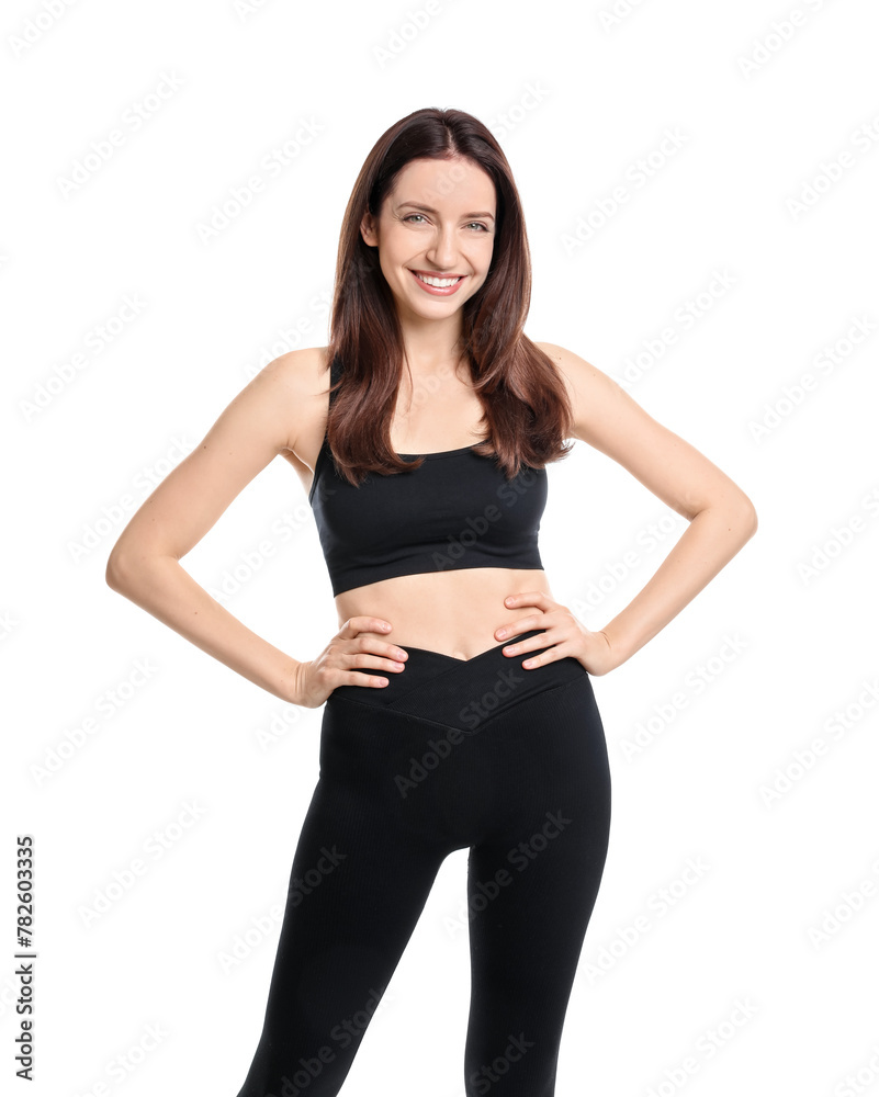 Happy young woman with slim body posing on white background Happy young woman with slim body posing on white background