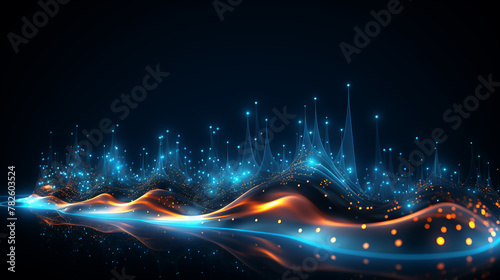 Flowing dots particles wave pattern halftone gradient curve shape, blue neon, glowing