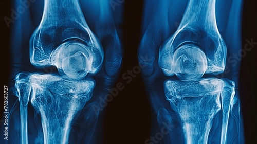 x-ray OA knee both knee in blue tone, x-ray image of knee joint show mild degenerative change photo