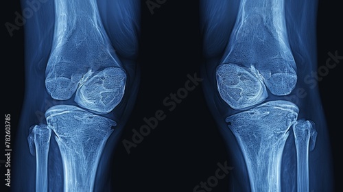 x-ray OA knee both knee in blue tone, x-ray image of knee joint show mild degenerative change © chanidapa