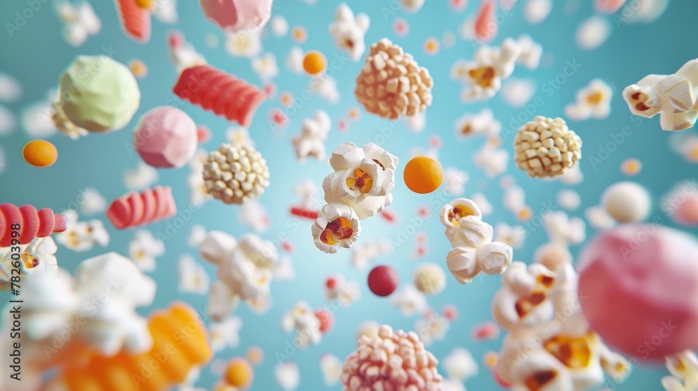 A selection of sugary popcorn d style isolated flying objects memphis style d render AI generated illustration A selection of sugary popcorn d style isolated flying objects memphis style d render AI generated illustration
