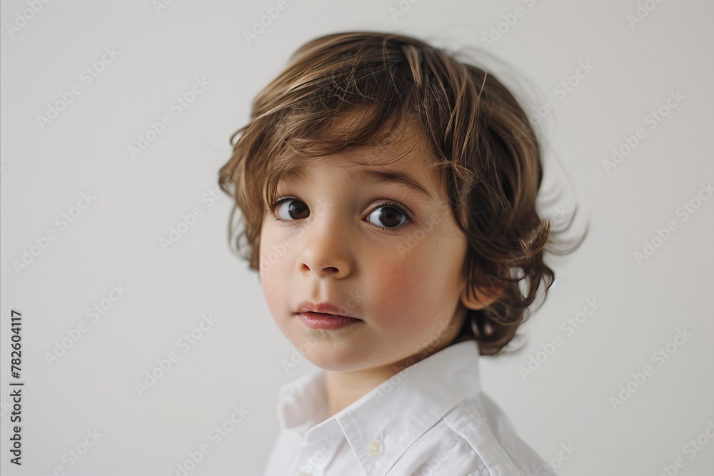 Portrait of a cute little boy in a white shirt on a gray background Portrait of a cute little boy in a white shirt on a gray background