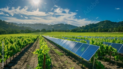 A serene image of a countryside vineyard with solar panels integrated seamlessly into the landscape AI generated illustration