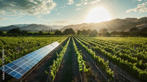 A serene image of a countryside vineyard with solar panels integrated seamlessly into the landscape   AI generated illustration photo