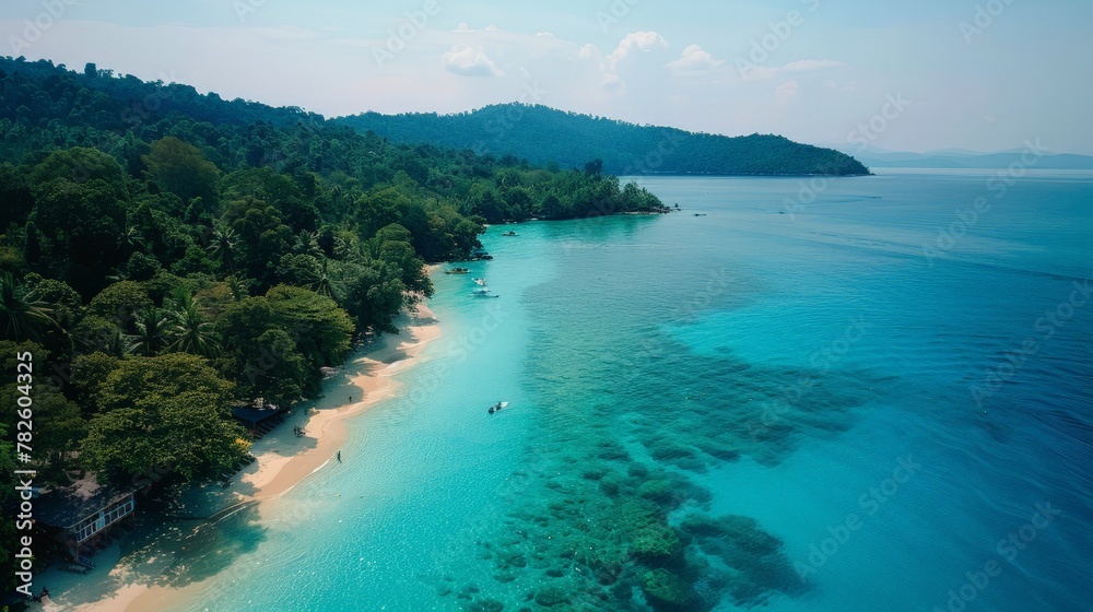Aerial view of beautiful turquoise sea ocean, beach and tree forest walk,tour, destination, Top view from drone,