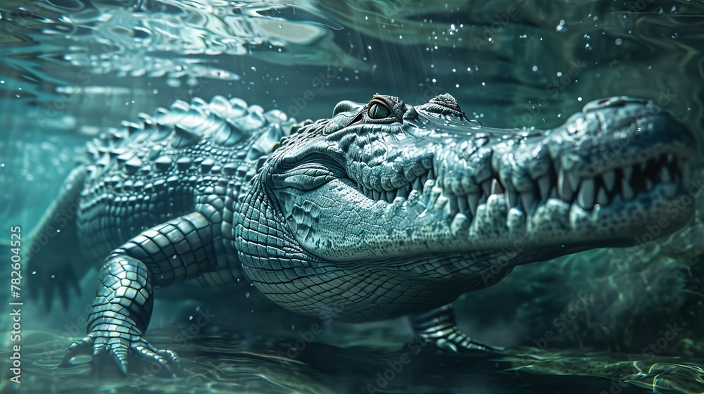 Fototapeta premium A sleek crocodile gliding through the water with incredible realism a digital masterpiece AI generated illustration