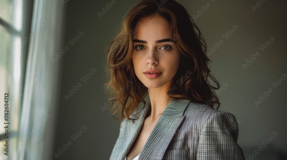 A sophisticated mid-body portrait of a stylish brunette female in a blazer shot with a Nikon D AI generated illustration A sophisticated mid-body portrait of a stylish brunette female in a blazer shot with a Nikon D AI generated illustration