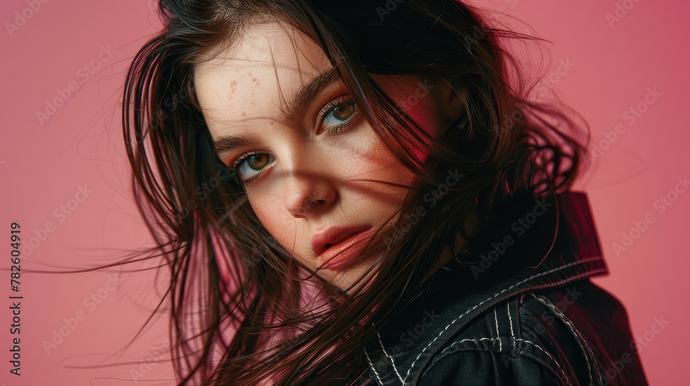 A stunning fashion shoot featuring a young brunette with long hair set against a contrast background AI generated illustration A stunning fashion shoot featuring a young brunette with long hair set against a contrast background AI generated illustration